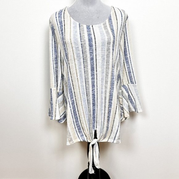 New Directions Striped Pull On Bell Sleeve with Front Tie Stretch Comfort Top XL - Picture 1 of 8